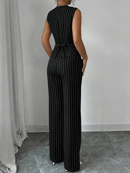 Vertical Stripe Design Set: V-neck Sleeveless Vest with Pockets + High-waist Wide-leg Pants. A Professional and 2pcs Set for Women, Suitable for Both Work and Casual Daily Wear.
