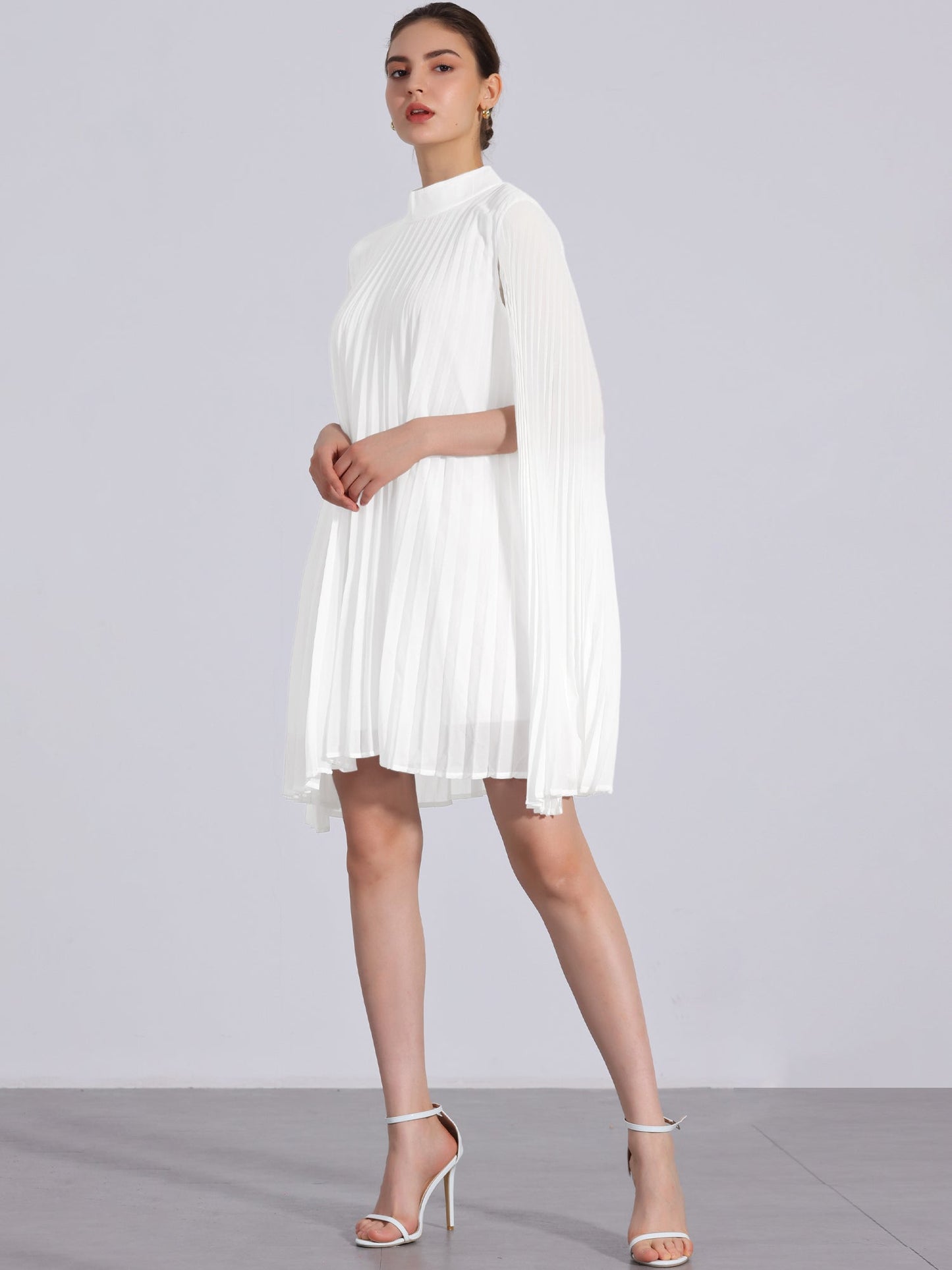 Elegant White Mini Dress for Women with Cape Sleeve Pleated Flowing Style