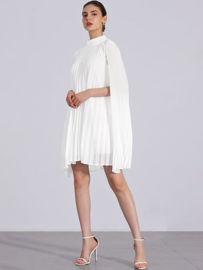 Elegant White Mini Dress for Women with Cape Sleeve Pleated Flowing Style