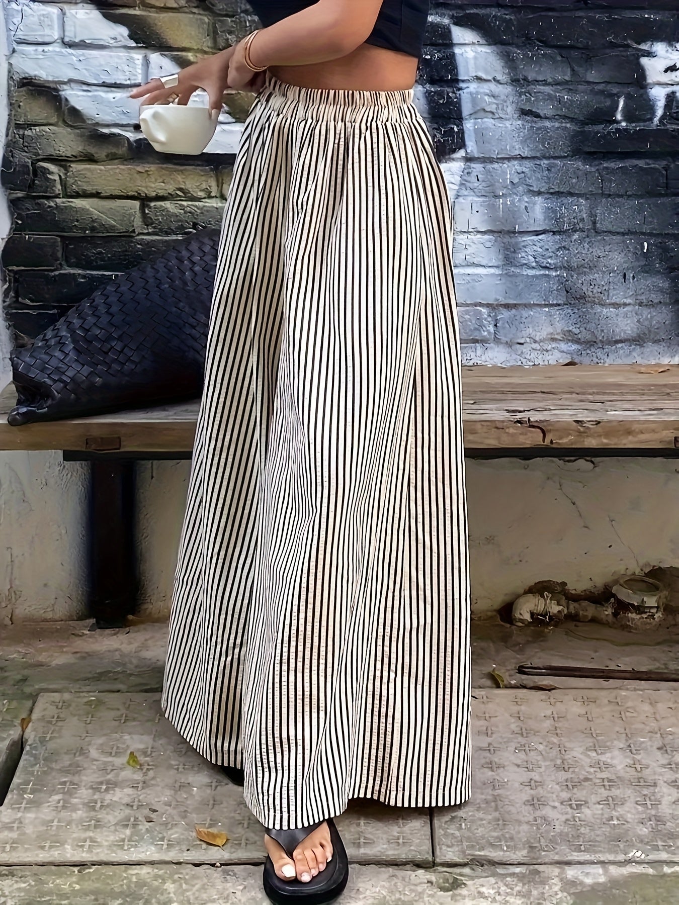 Striped Pocket Wide-Leg Pants for Women, Comfortable for All Seasons