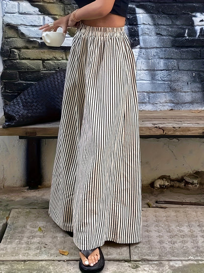 Striped Pocket Wide-Leg Pants for Women, Comfortable for All Seasons