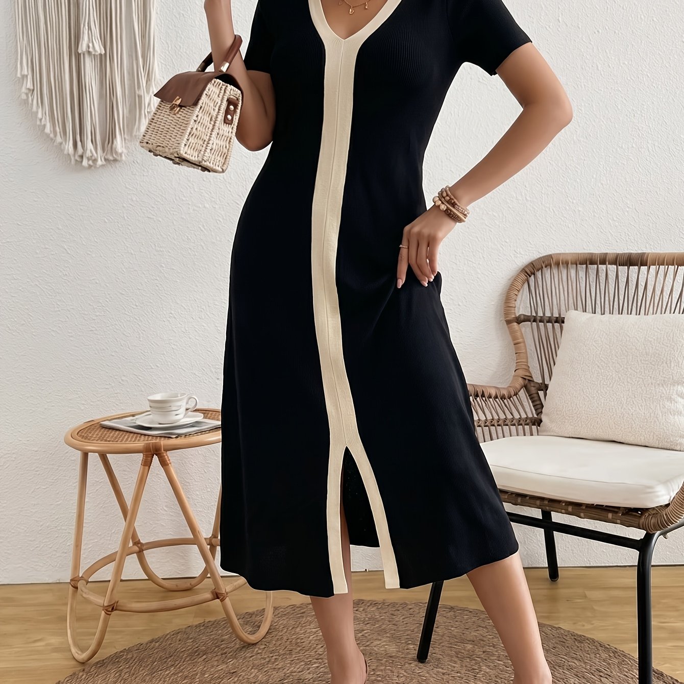 [French-Style V-Neck Dress] Women's French-Style V-Neck Dress - Short Sleeve Midi Dress with Slit Detail | Straight-Cut Office Dress for Commuting, Blouse-Compatible Solid Color Dress for Casual to Professional Wear