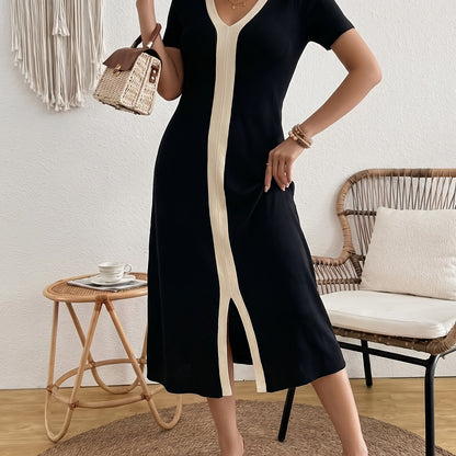 [French-Style V-Neck Dress] Women's French-Style V-Neck Dress - Short Sleeve Midi Dress with Slit Detail | Straight-Cut Office Dress for Commuting, Blouse-Compatible Solid Color Dress for Casual to Professional Wear