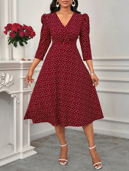 2026 New Valentine's Day, New Year Party, Suitable for Daily Work Wear, Suitable for All Seasons Elegant Fashion Versatile Daily Date V-Neck 3/4 Sleeve Waist Flared Long Red and Blue Women's Elegant Dress, Women's Polka Dot Small Heart Print Dress