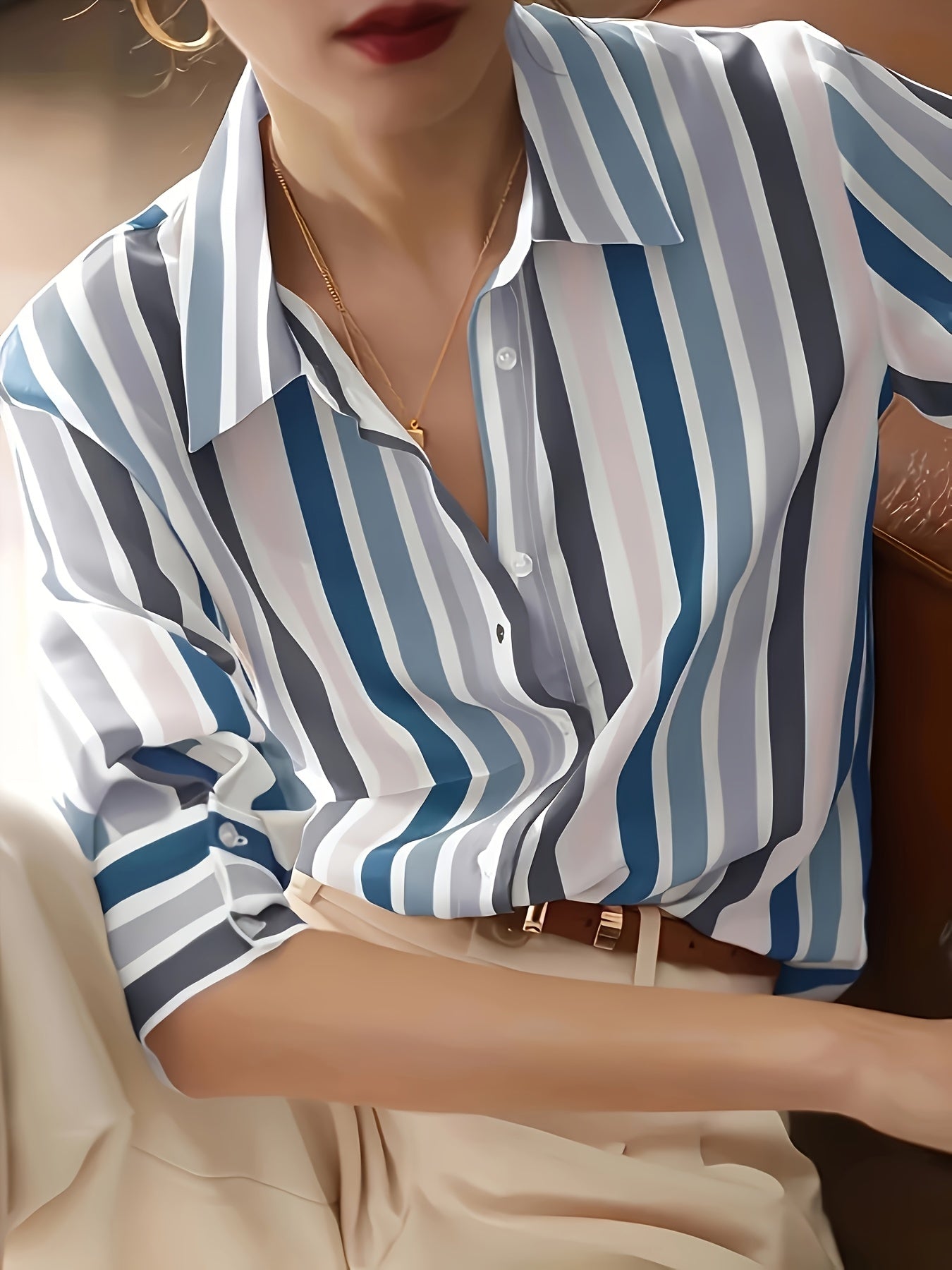 Women'S Casual Striped Shirt, Button-Up Design, Made Of, Suitable for Spring, Summer, And Autumn Casual Or Formal Wear | Classic Lapel Fashion Button-Up, Elegant Women'S Shirt, Beautiful Women'S Shirt, Autumn Women'S Top Trend, Women'S Clothing