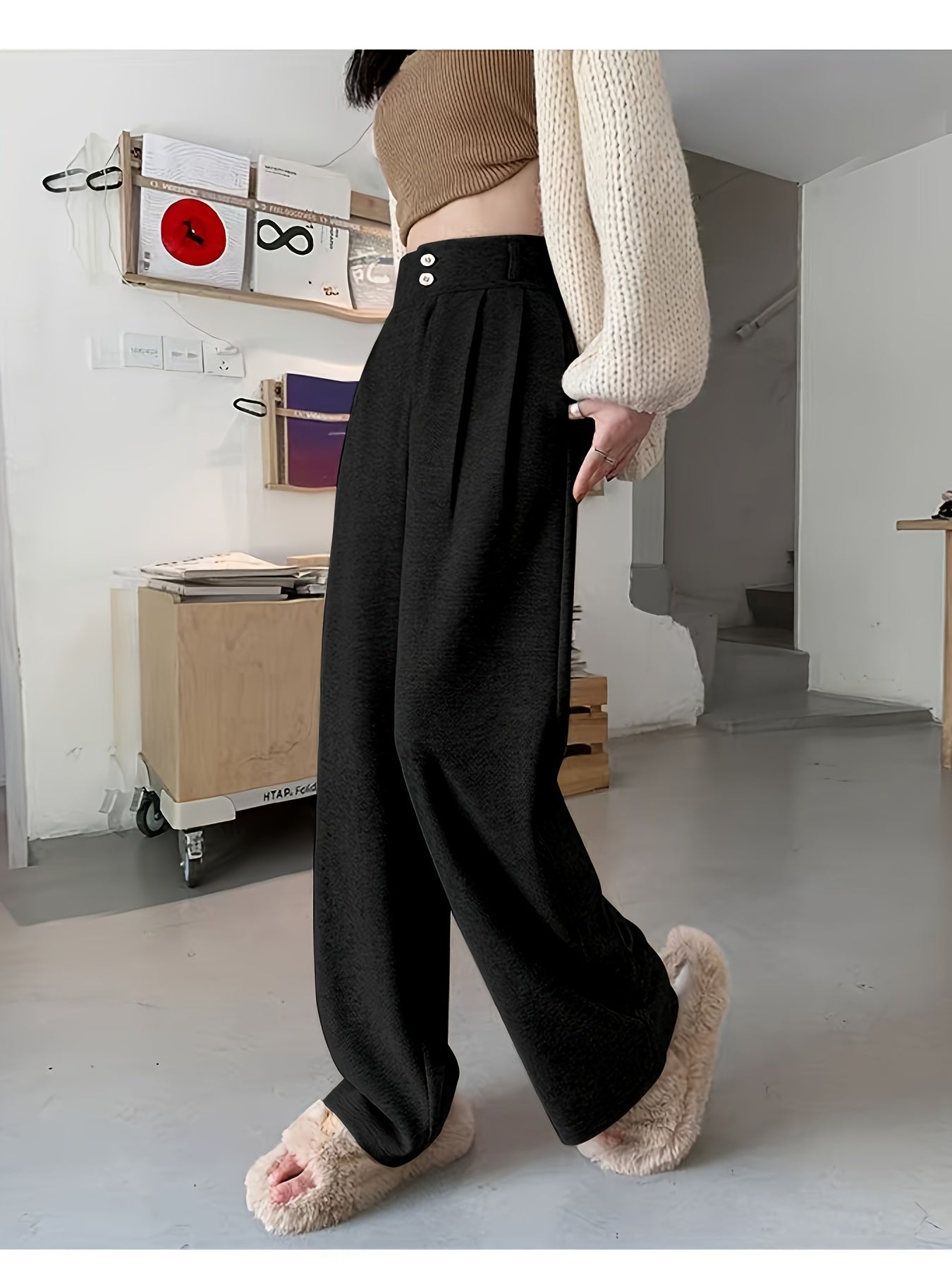 Women's Simple Commuter Straight-Leg Loose Elastic Pants, Draping Tweed Wide-Leg Trousers, Autumn-Winter Women's Clothing, Elegant Casual Long Pants, High-Waisted Suit Pants