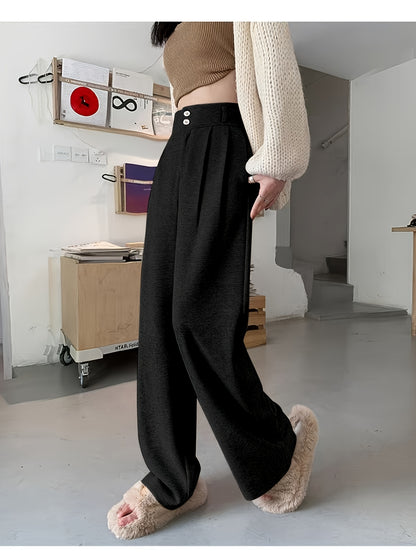 Women's Simple Commuter Straight-Leg Loose Elastic Pants, Draping Tweed Wide-Leg Trousers, Autumn-Winter Women's Clothing, Elegant Casual Long Pants, High-Waisted Suit Pants