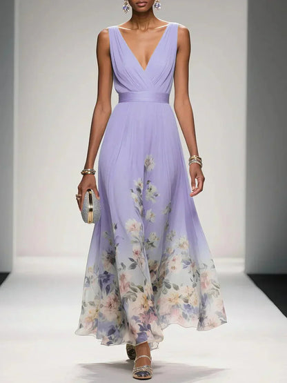 Elegant Floral Maxi Dress for Women with Deep V-Neck Sleeveless Formal Wedding Guest Style