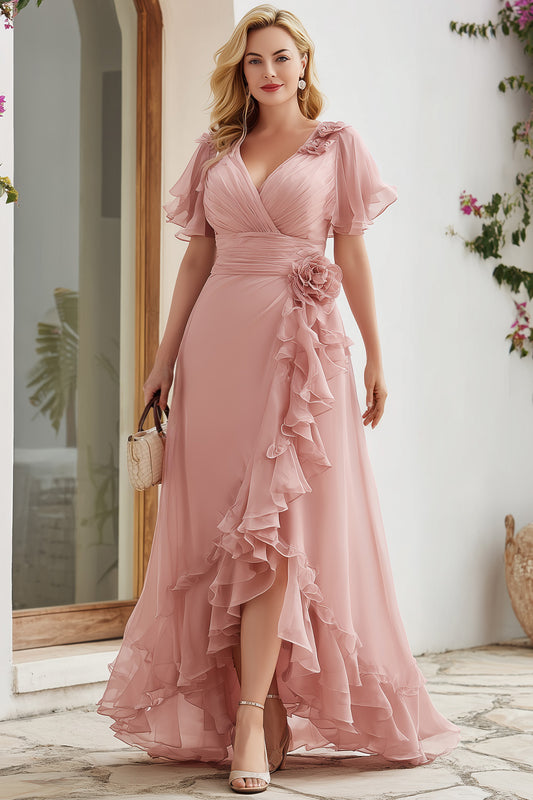 Elegant Blush Pink Chiffon Maxi Dress for Women with V Neck Flutter Sleeve Ruffle High Low Formal Wedding Guest Style