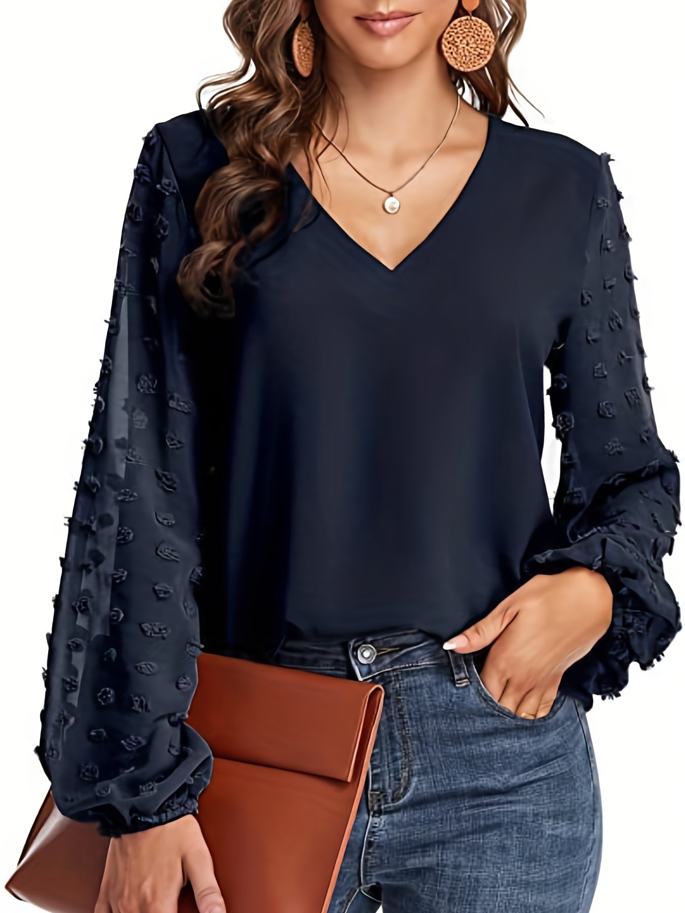 Swiss Dot Sleeve Shirt, Casual V Neck Solid Shirt For Spring & Fall, Women's Clothing