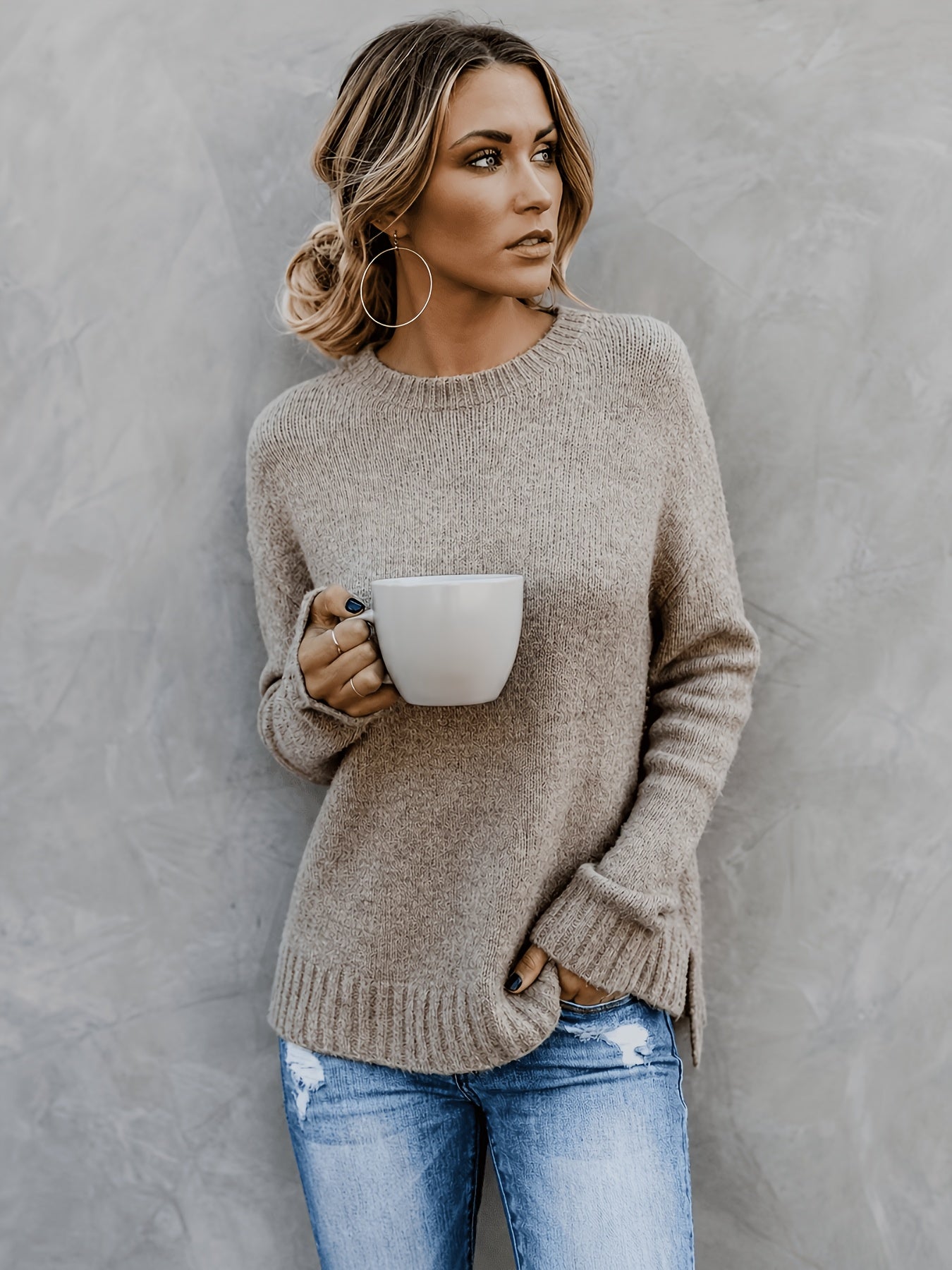 Women'S Casual Commuter Style Retro All-Match Short Front Long Back Slit Round Neck Long Sleeve Sweater Pullover