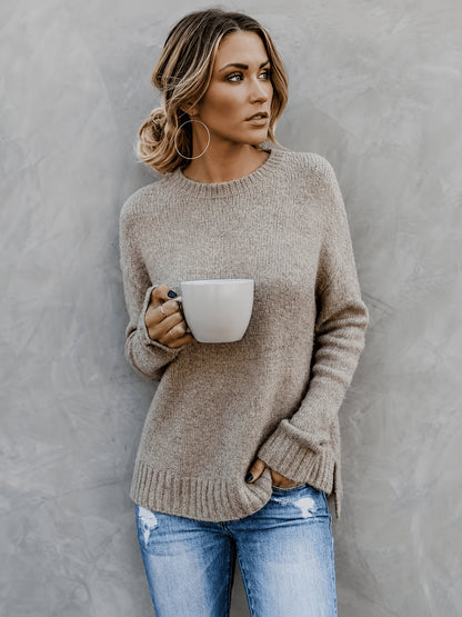 Women'S Casual Commuter Style Retro All-Match Short Front Long Back Slit Round Neck Long Sleeve Sweater Pullover