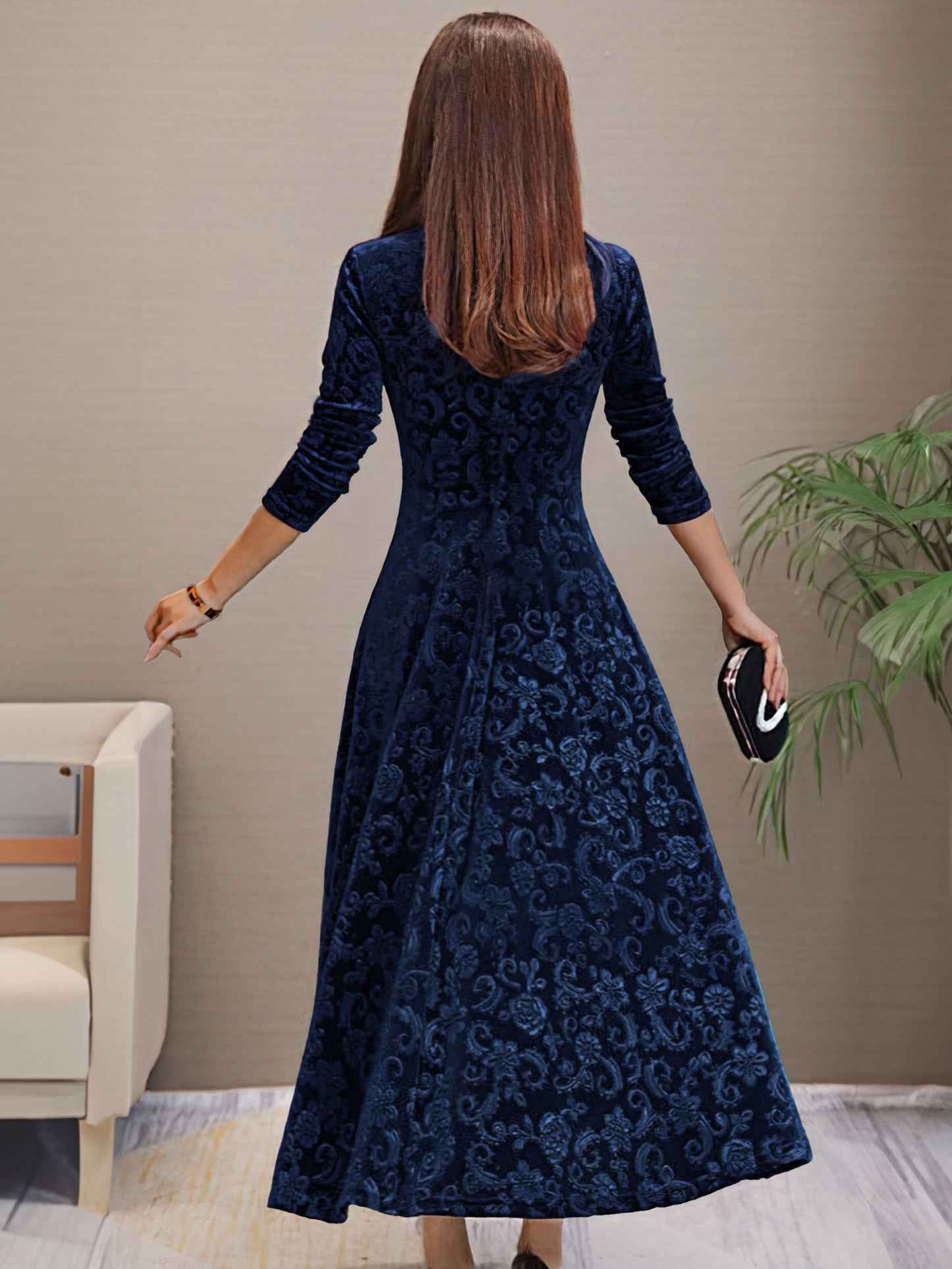 Directional - New And Thinning Large Swing Skirt Women'S Clothing Golden Velvet Long Sleeve Dress Long Style