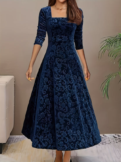 Directional Style Velvet Floral Pattern Long Sleeve Dress New Year Elegant Square Neck Dress
