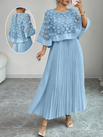 Elegant Floral Applique Two Piece Set for Women with Round Neck Flutter Sleeve Pleated Maxi Skirt Formal Style