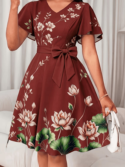 V-Neck Dress, Elegant Floral Print Short Sleeve, Waist-Cinching A-Line Midi Dress, Versatile Women's Wear for Commuting, Parties, and Daily Wear