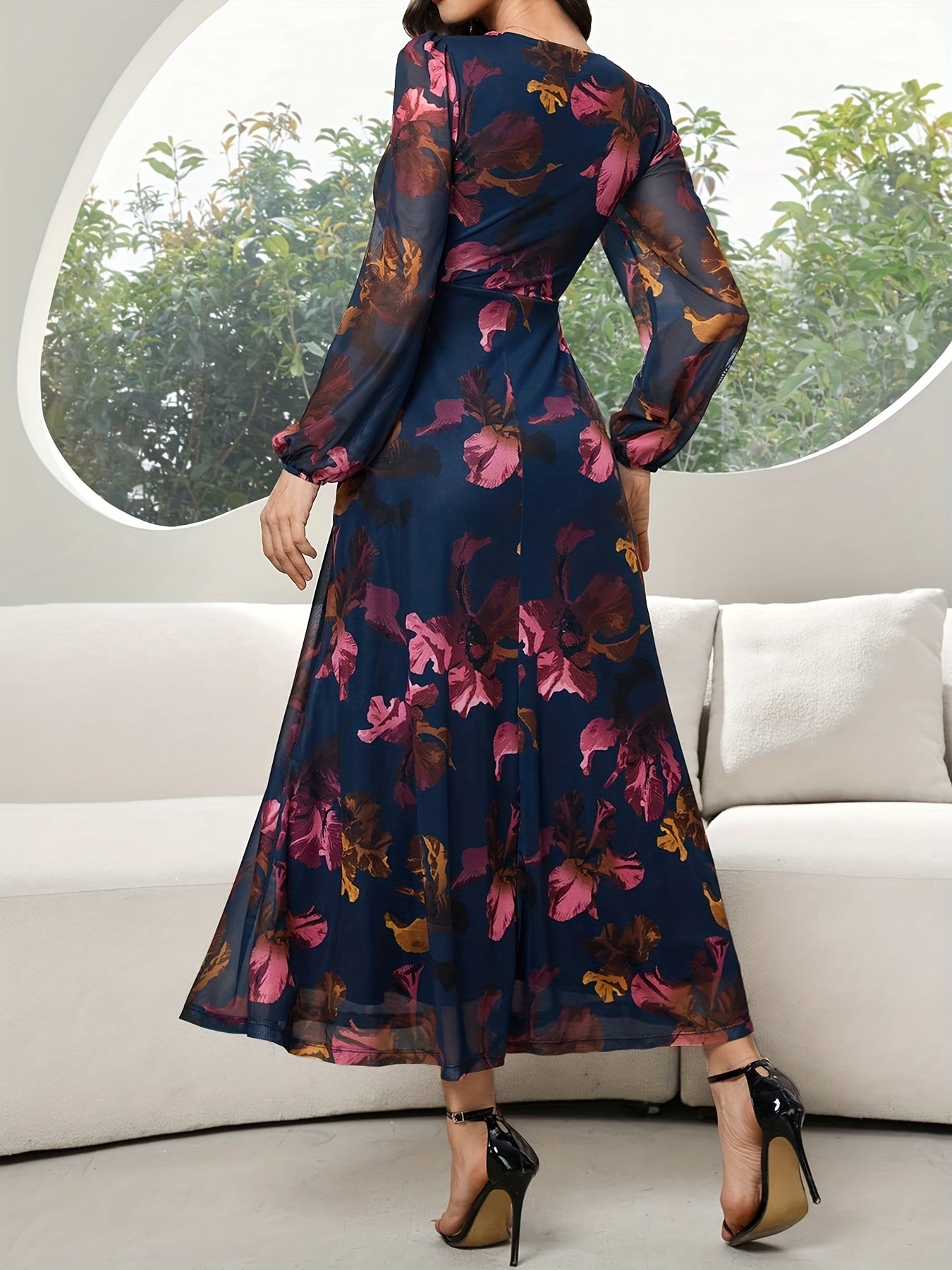 Women's Lace Dress WJ435, Elegant Floral Cinched Waist Long Dress, Deep V-Neck, Business Party, Spring/Autumn, Yellow Black Print Lace