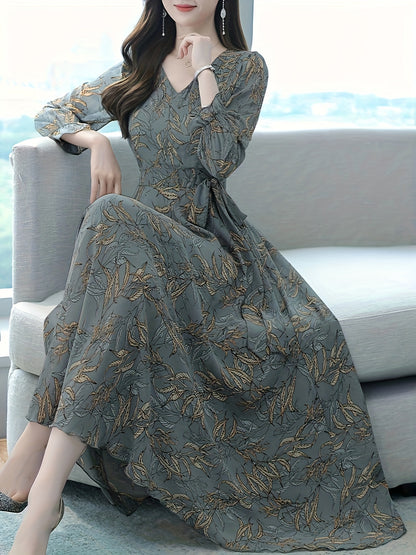 Printed waist-cinching dress, long-sleeve dress, spring and autumn Women's clothing, fashionable and trendy, casual and commuting, comfortable fabric, elegant and noble, suitable for both formal and informal occasions, also wearable at the beach.