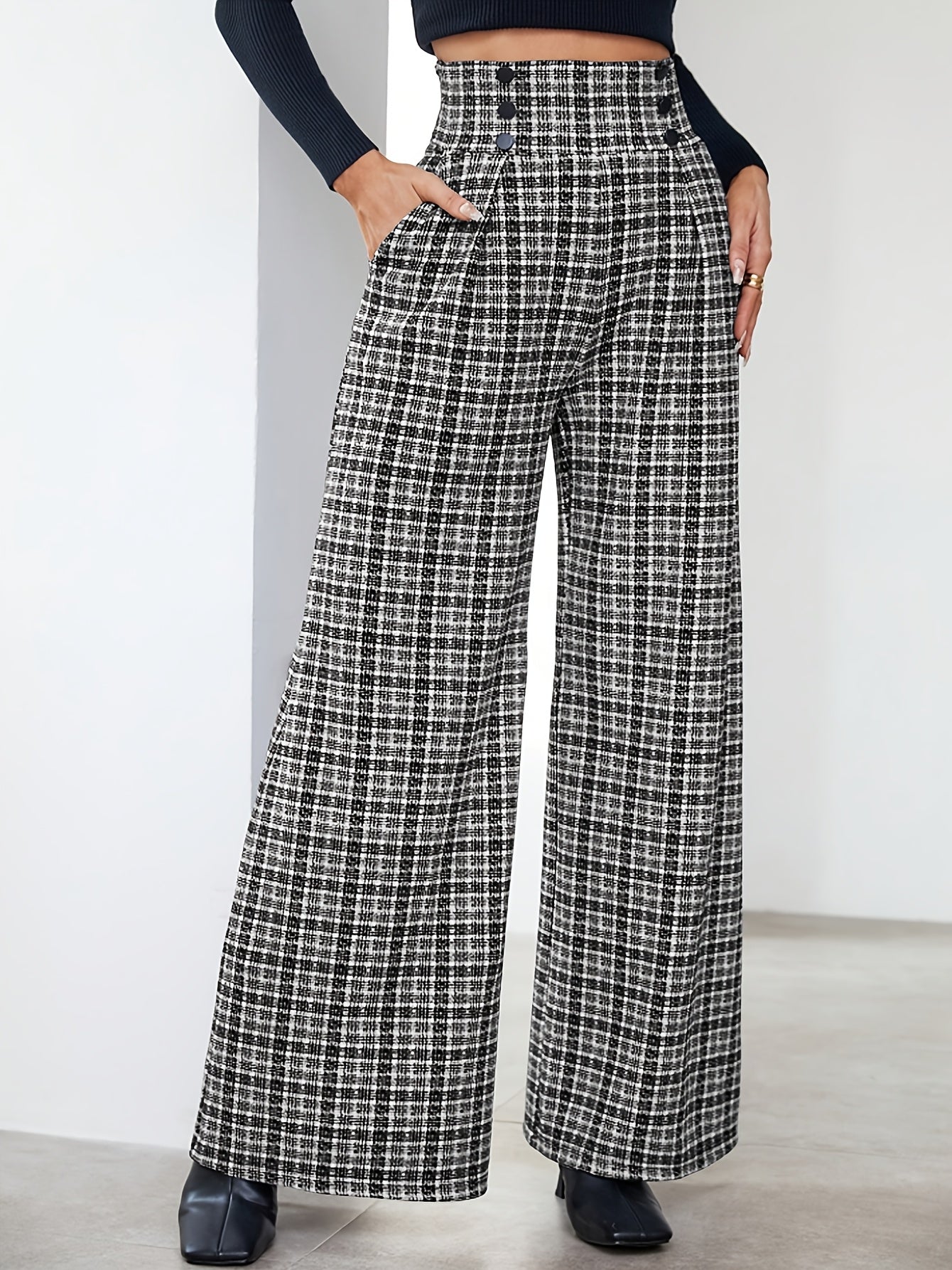 Wide-Leg Pants, Elegant Plaid Print with Button Embellishments and Pockets, Suitable for Various Occasions and Everyday Wear