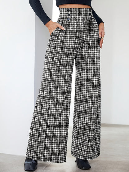 Wide-Leg Pants, Elegant Plaid Print with Button Embellishments and Pockets, Suitable for Various Occasions and Everyday Wear