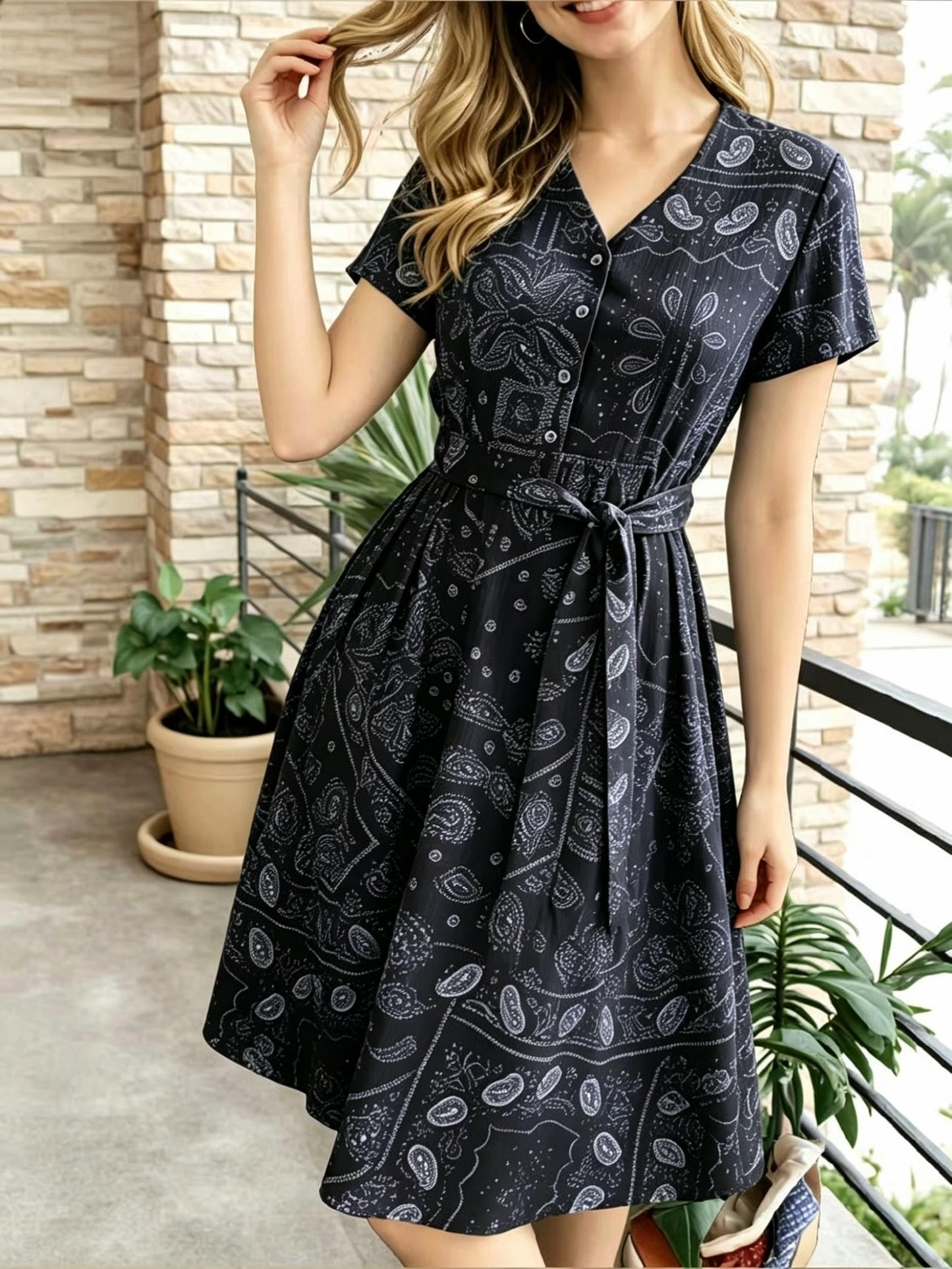 [Vintage Midi Dress] Women's Vintage Blue Print Midi Dress - V-Neck Button Shirt Dress with Pockets & Belt - Casual Commute Vacation Wear for Ladies