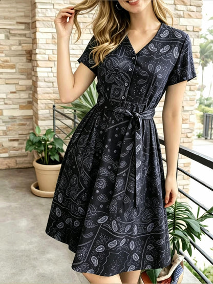 [Vintage Midi Dress] Women's Vintage Blue Print Midi Dress - V-Neck Button Shirt Dress with Pockets & Belt - Casual Commute Vacation Wear for Ladies