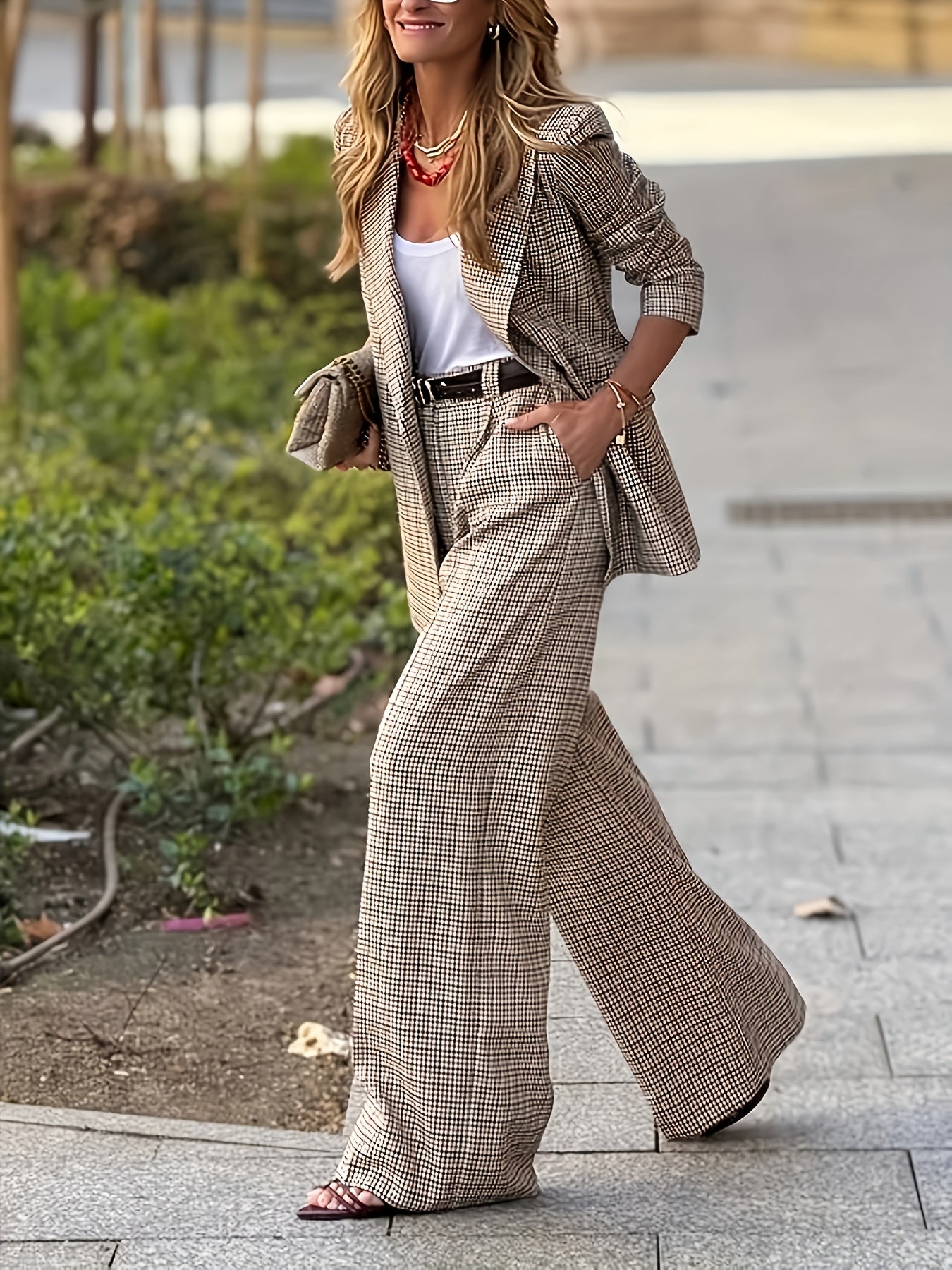 [Elegant Bi-Color Outfit] 2pcs Elegant Fashion Casual Set | Bi-Color Checkered Double-Breasted Suit Jacket & Ankle Pants