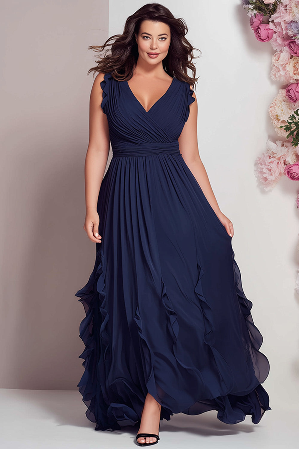 Flycurvy Plus Size Wedding Guest Navy Blue Chiffon Wrap Ruffle Sleeve And Hem Maxi Dress