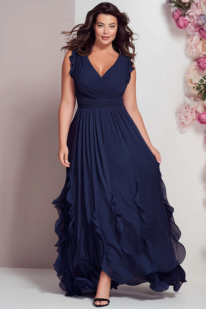Flycurvy Plus Size Wedding Guest Navy Blue Chiffon Wrap Ruffle Sleeve And Hem Maxi Dress
