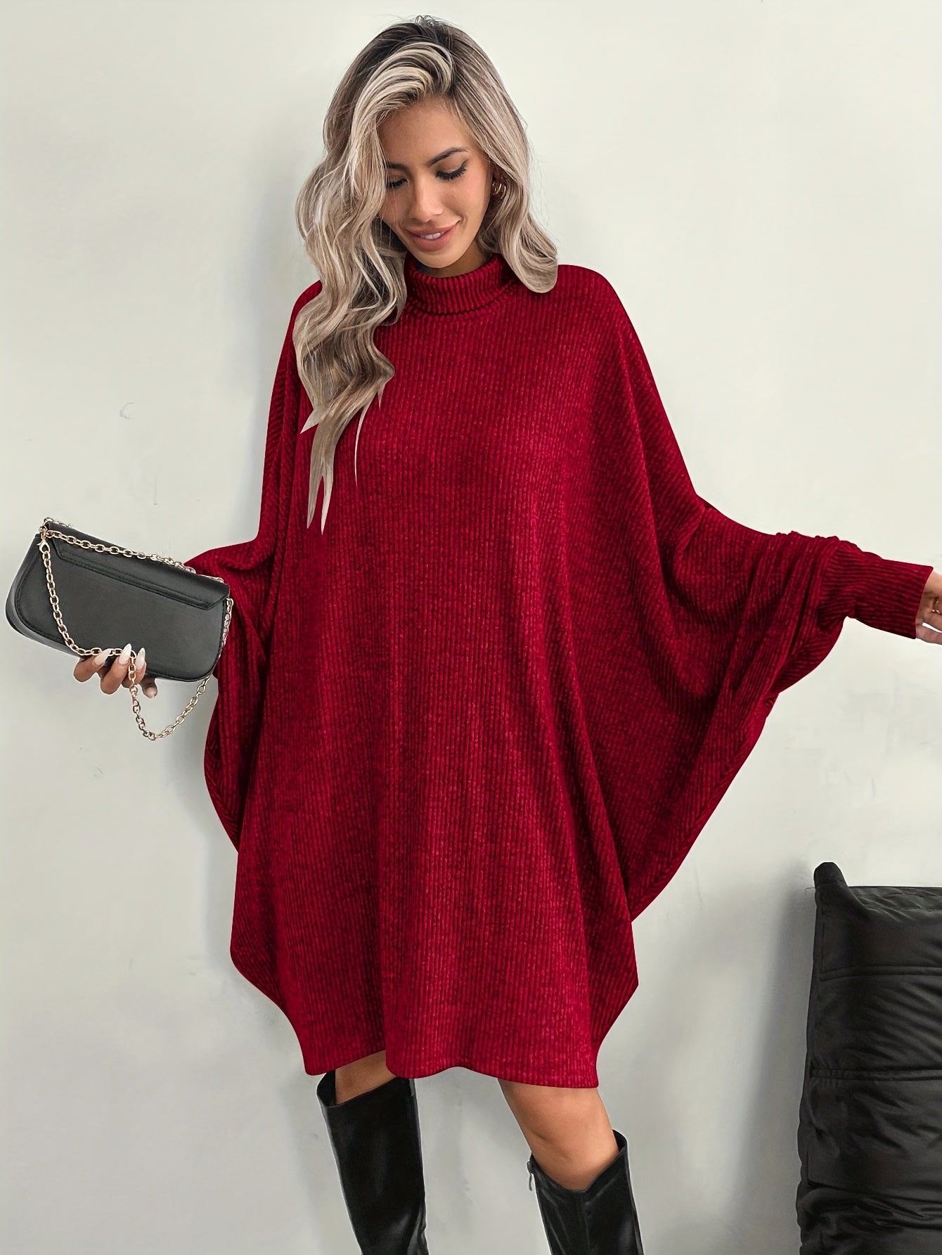 Women's Solid Color High Neck Batwing Sleeve Dress