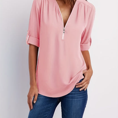 V-Neck Zipper Women'S Long-Sleeved Roll-Up Sleeve Loose Chiffon Shirt