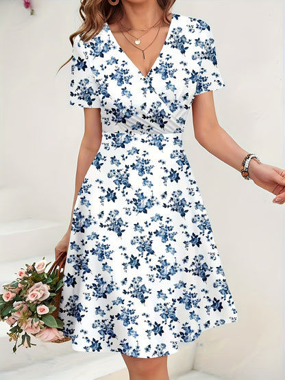 Elegant Floral Print V-Neck Short Sleeve Dress | Suitable for Outerwear or Layering, Flared Design, Ideal for Spring/Fall