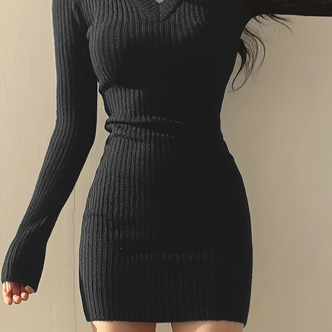 Solid Knit Sweater Dress, Elegant V Neck Long Sleeve Bodycon Dress For Fall & Winter, Women's Clothing