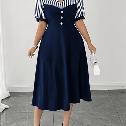 Plus Size Navy Striped Shirt Dress Retro Puff Sleeve V-Neck Midi Dress Women'S Elegant Commute A-Line Skirt