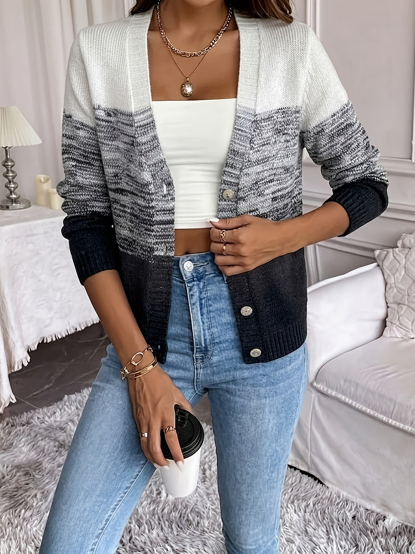 Women's Cardigan Sweater, Soft Acrylic Gradient Color Block Lightweight Blouse, Hand Washable Glossy Vibe, Suitable for Spring Summer Fall Winter Layering, Elegant for Home Office & Casual Wear