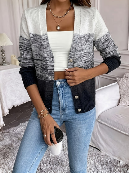 Women's Cardigan Sweater, Soft Acrylic Gradient Color Block Lightweight Blouse, Hand Washable Glossy Vibe, Suitable for Spring Summer Fall Winter Layering, Elegant for Home Office & Casual Wear