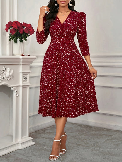 2026 New Valentine's Day, New Year Party, Suitable for Daily Work Wear, Suitable for All Seasons Elegant Fashion Versatile Daily Date V-Neck 3/4 Sleeve Waist Flared Long Red and Blue Women's Elegant Dress, Women's Polka Dot Small Heart Print Dress
