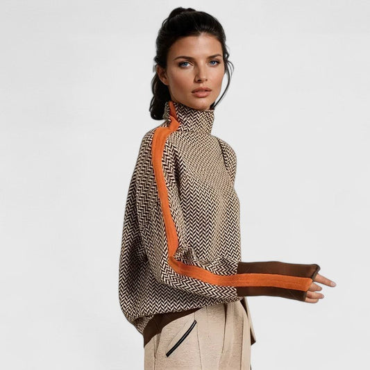 Comfortable Herringbone Knit Sweater for Women with Turtleneck Long Sleeve Oversized Colorblock Style