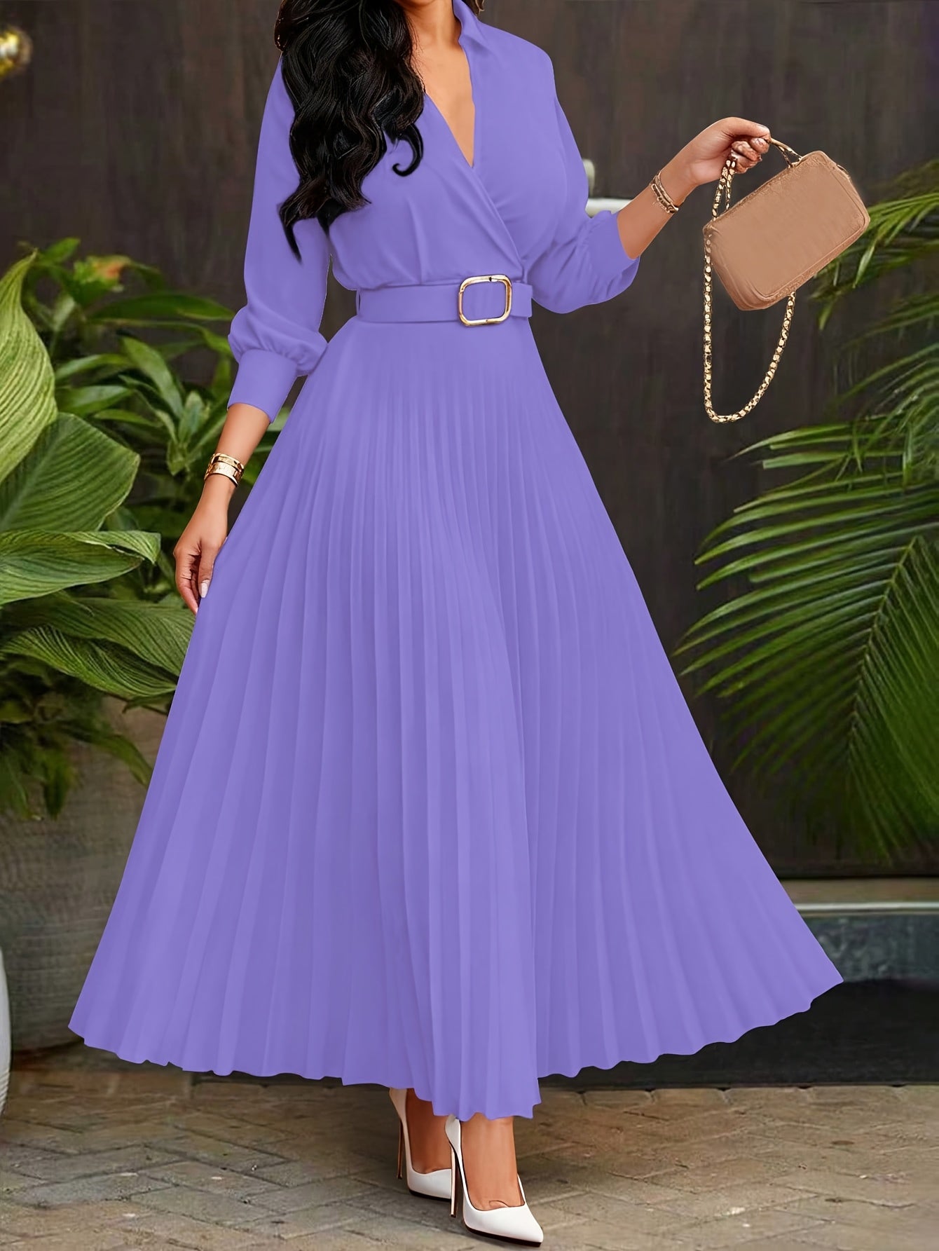 Spring/Summer Waist-Cinching Temperament Elegant Socialite Flared Solid Pleated Skirt with Belt Dress