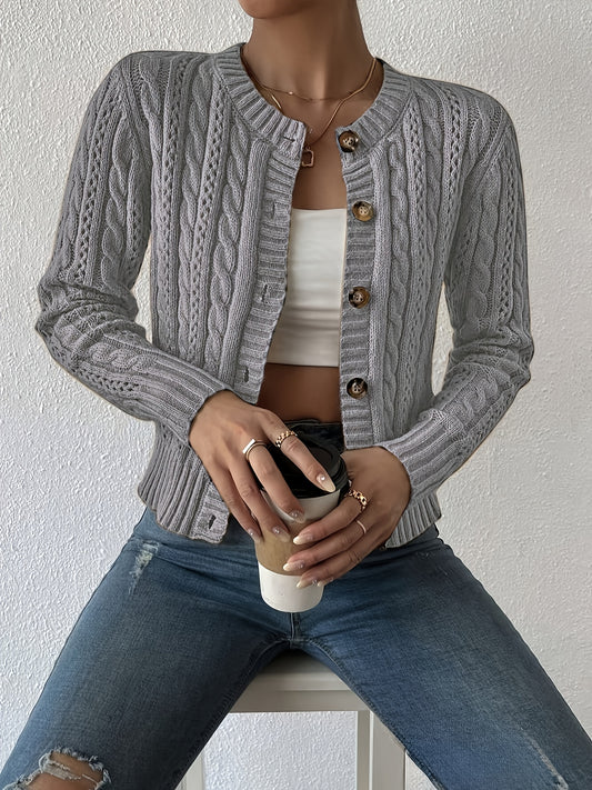 Comfortable Cable Knit Cardigan Sweater for Women with Crew Neck Long Sleeve Button Front Cropped Style