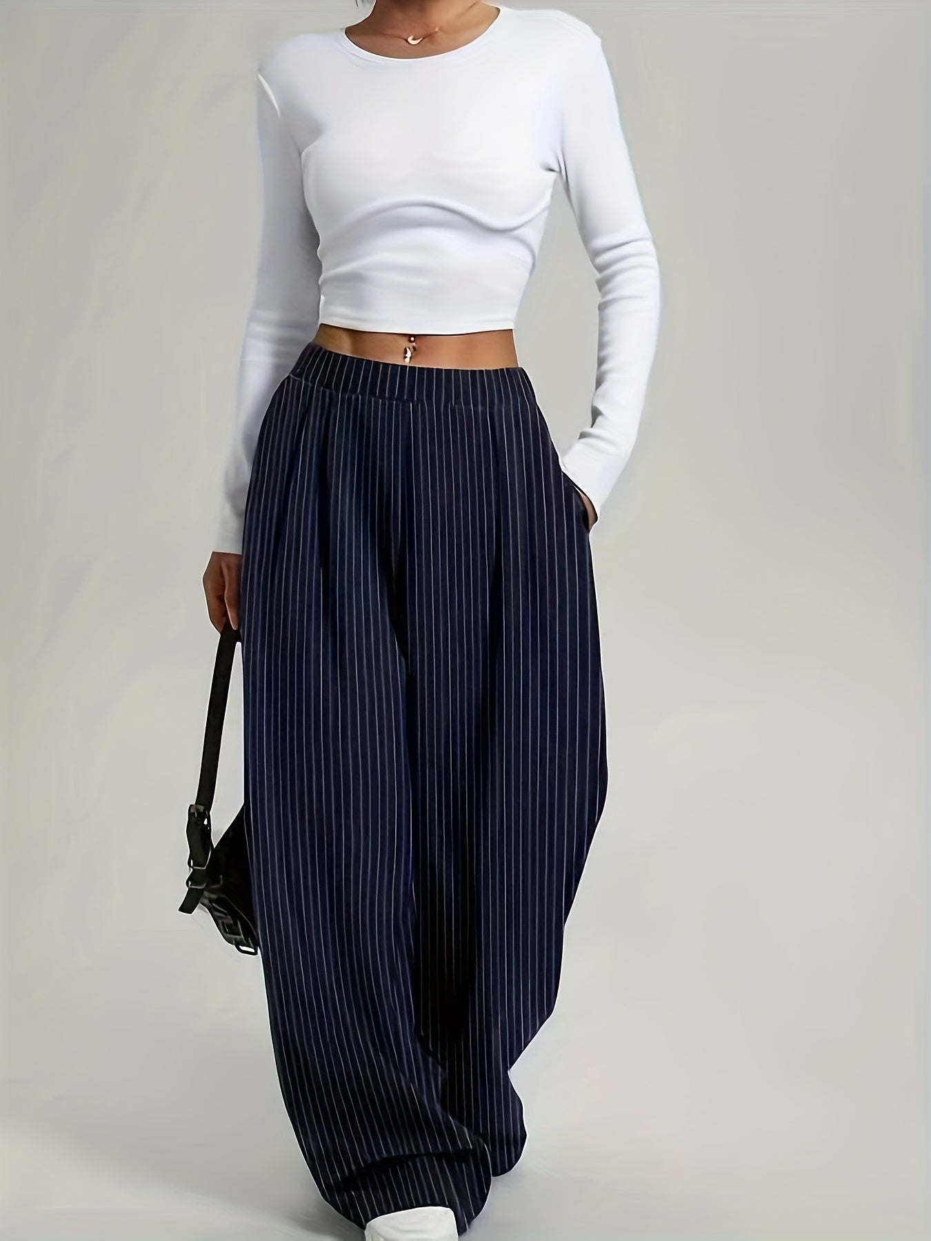 Women's Harem Pants, Fashion Striped Loose Wide-Leg Trousers with Vertical Pleats and Pocket Design, High-Waisted Full-Length Structured Non-Stretch Fabric, Suitable for All Seasons Professional and Semi-Formal Wear, Elegant Special