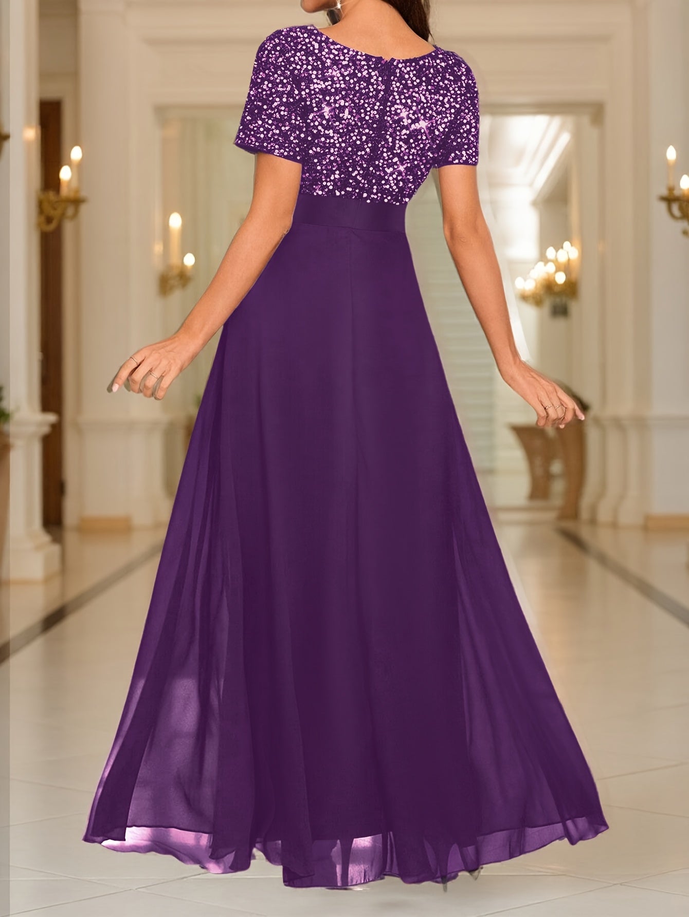 Sequin Spliced Formal Dress Elegant Prom Wedding Guest Gown, Contrast Sequin Chiffon Formal Dress, V-Neck Short Sleeve Sequin Patchwork Slim Fit Long Dress for Graduation Dress, Bride Dress, Birthday Women Outfits, Party Dress, Evening