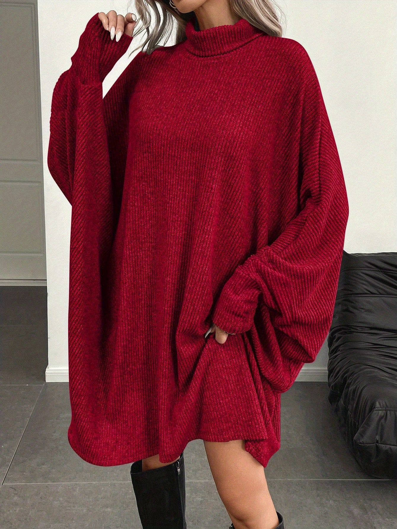 Women's Solid Color High Neck Batwing Sleeve Dress