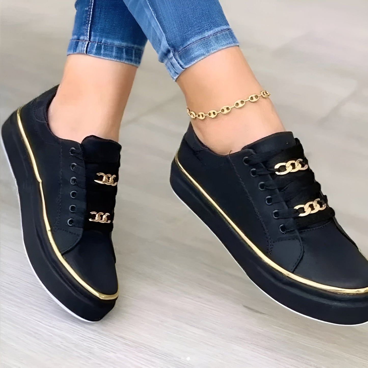 Stylish Orthopedic Sneakers for Women with Platform Sole Gold Chain Lace Up Leather Casual Style