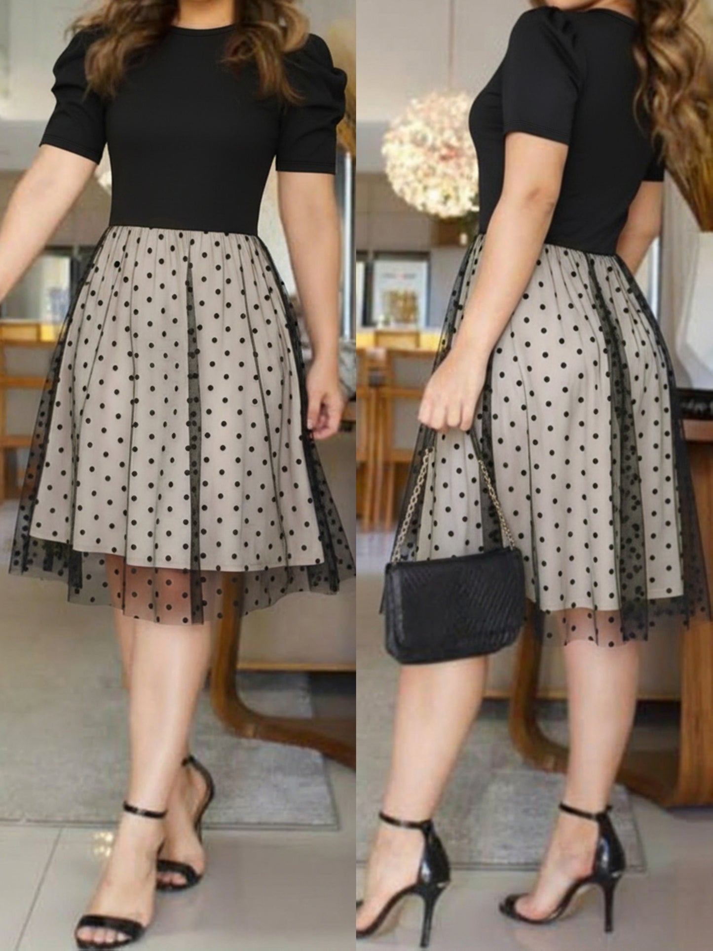 Women's Dress with Color Blocking Round Neck Puff Sleeves and Mesh Paneling Design Elegant and Slim Fit Fashionable and Comfortable Versatile Women's Clothing