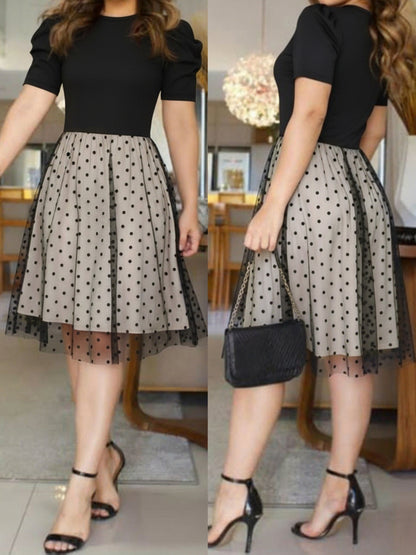 Women's Dress with Color Blocking Round Neck Puff Sleeves and Mesh Paneling Design Elegant and Slim Fit Fashionable and Comfortable Versatile Women's Clothing