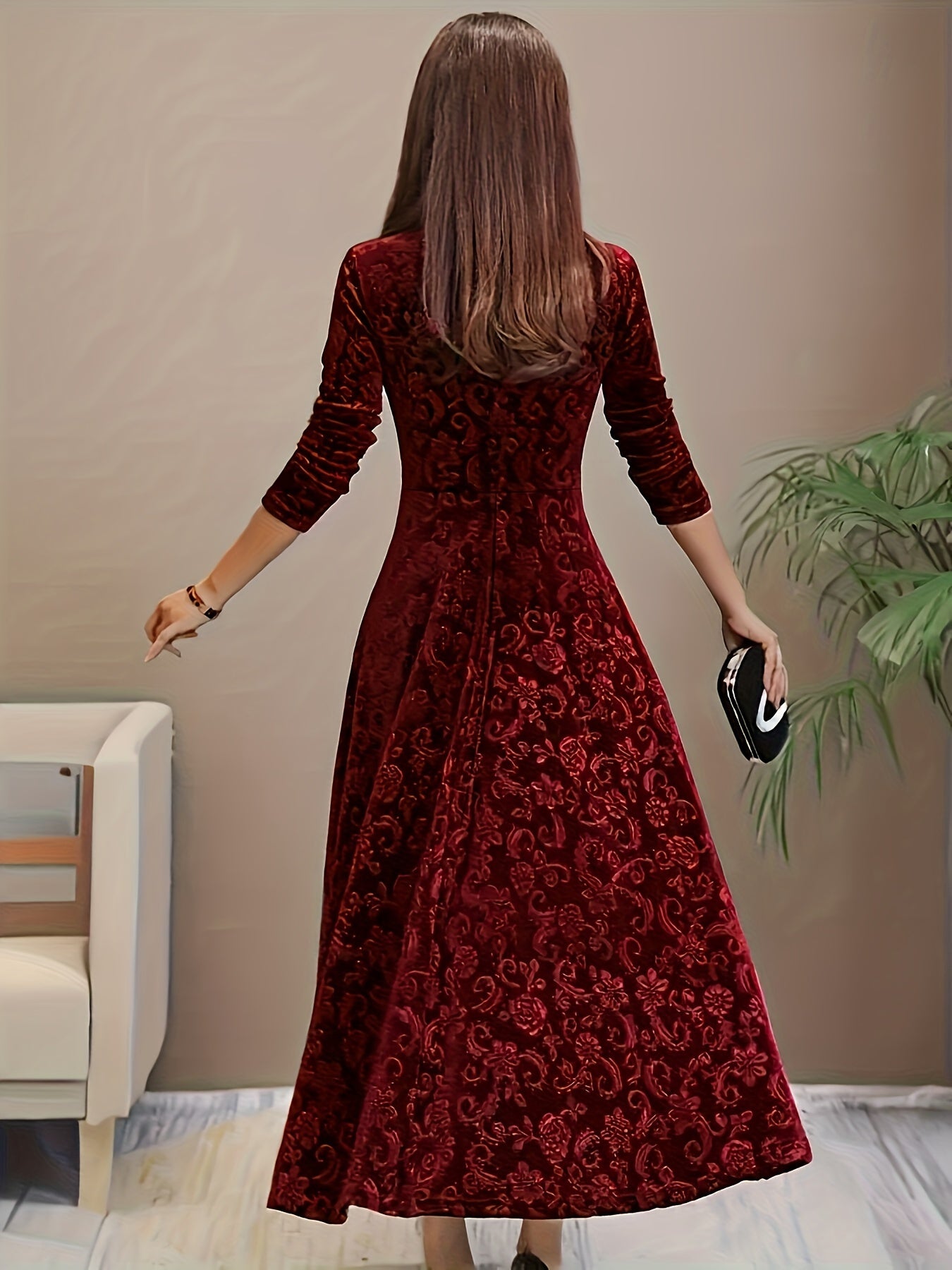 Directional Style Velvet Floral Pattern Long Sleeve Dress New Year Elegant Square Neck Dress