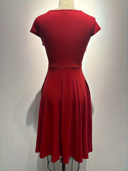 -Border Women'S Dress, Solid V-Neck Pocket A-Line Elegant