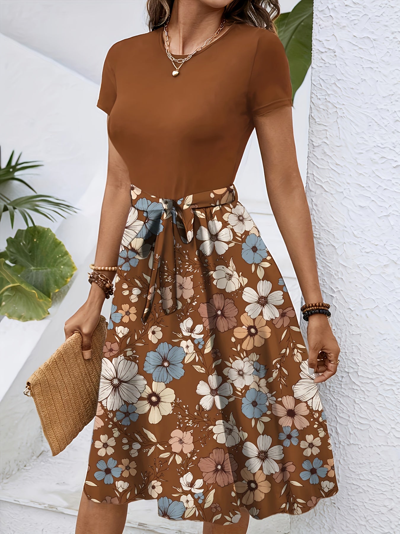 Elegant Key Monitoring Support European And American Round Neck Short-Sleeved with Belt Dress Number