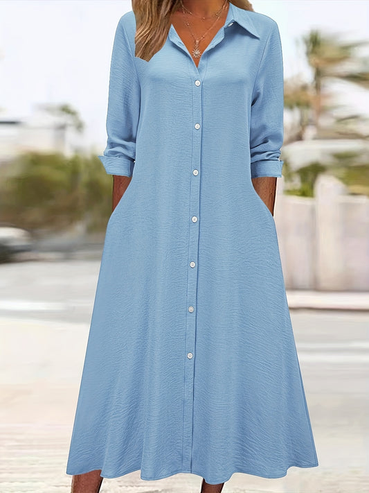 Effortless Textured Maxi Shirt Dress for Women with Collared V Neck Long Sleeve Button Front A Line Style